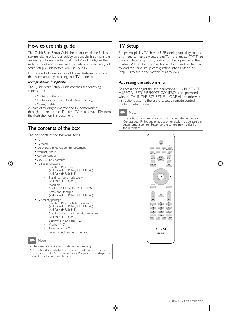 How to use this guide, The contents of the box, Tv setup | Accessing the setup menu | Philips 42HFL3684S-F7 User Manual | Page 6 / 12