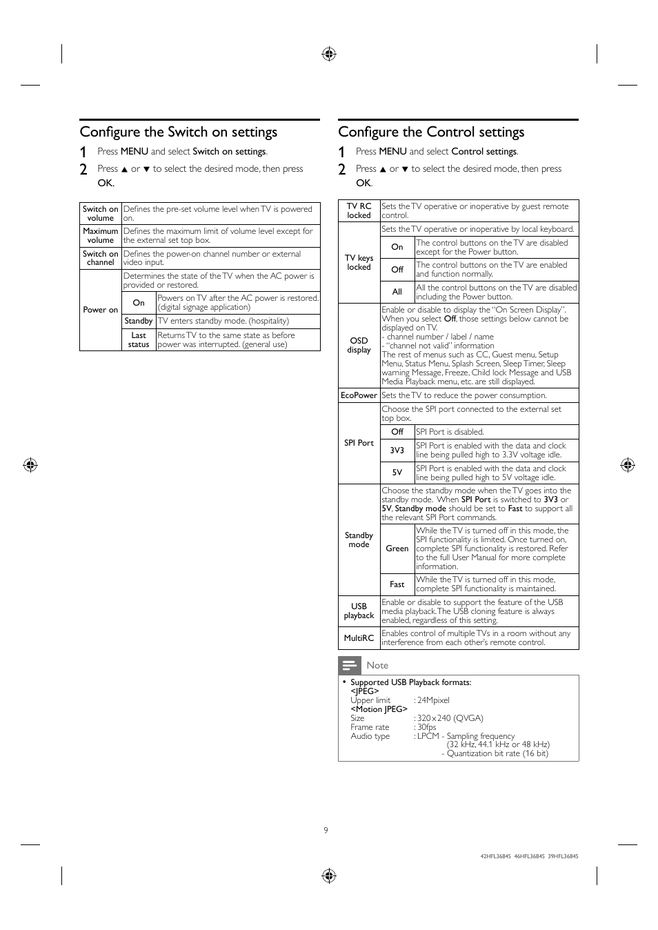 Confi gure the switch on settings, Confi gure the control settings | Philips 42HFL3684S-F7 User Manual | Page 9 / 12