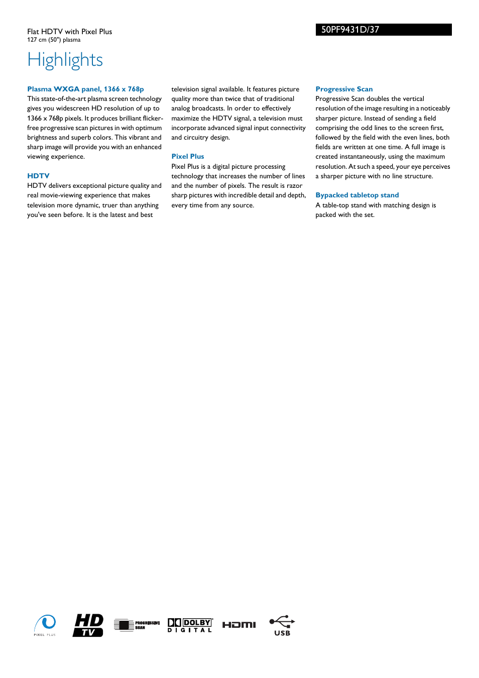 Highlights | Philips flat HDTV 50PF9431D 127 cm 50" plasma with Pixel Plus User Manual | Page 2 / 3