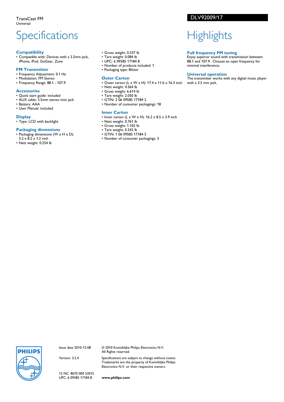 Specifications, Highlights | Philips DLV92009-17 User Manual | Page 2 / 2