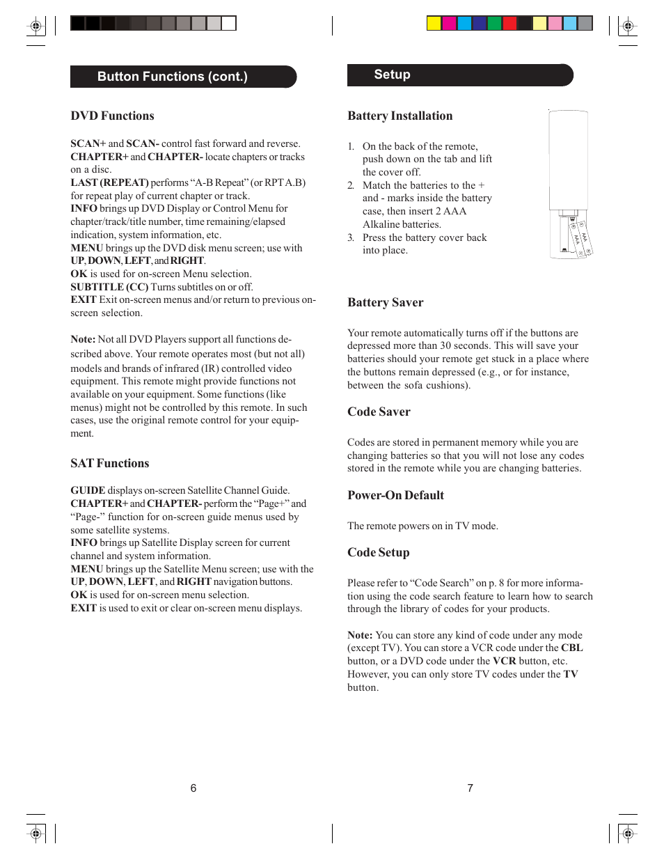 Dvd functions, Sat functions, Battery installation | Battery saver, Code saver, Power-on default, Code setup, Button functions (cont.) setup | Philips Perfect replacement Universal remote control SRU4106 6 in 1 User Manual | Page 4 / 33