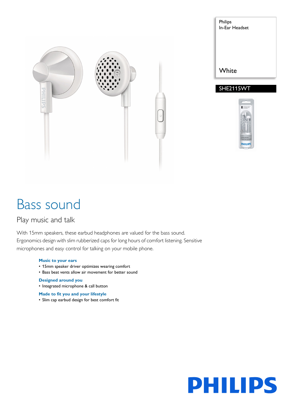 Philips In-Ear Headset SHE2115WT White User Manual | 2 pages