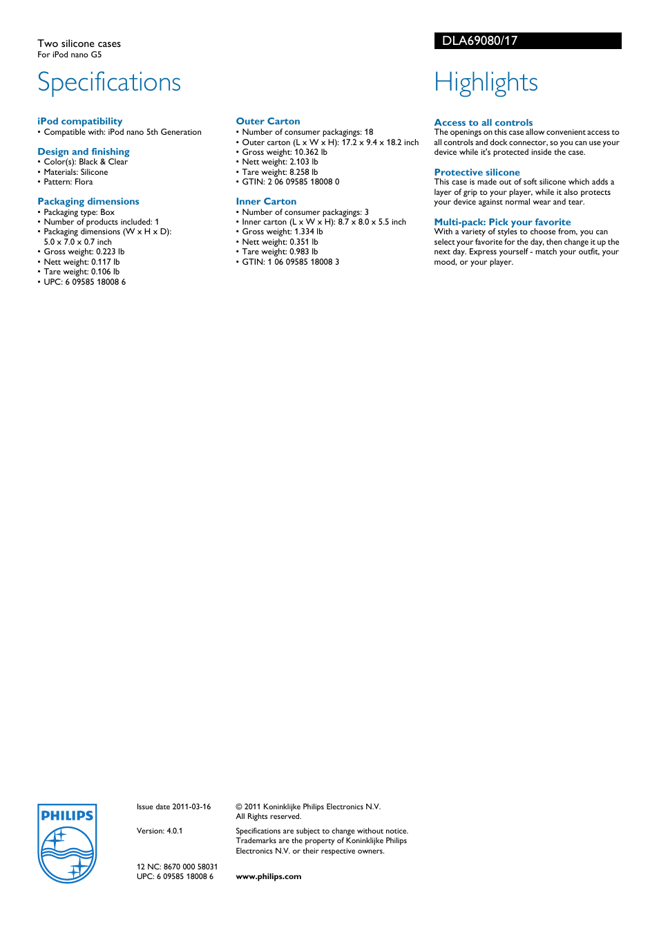 Specifications, Highlights | Philips DLA69080-17 User Manual | Page 2 / 2