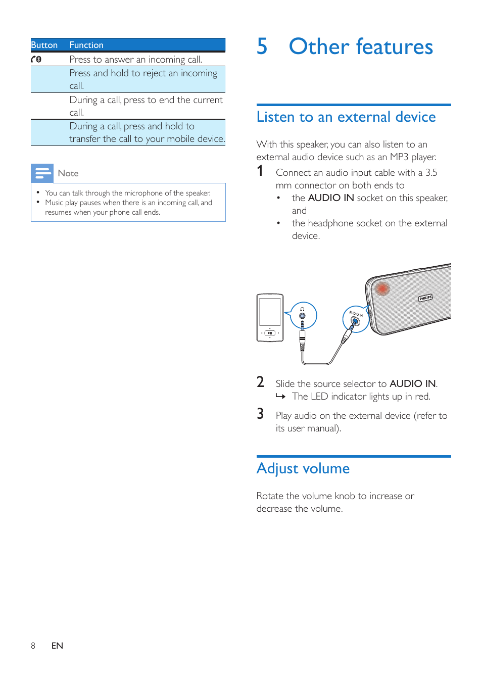 Play from bluetooth device, Control your phone call, 5 other features | Listen to an external device, Adjust volume | Philips BT3500B-37 User Manual | Page 10 / 14