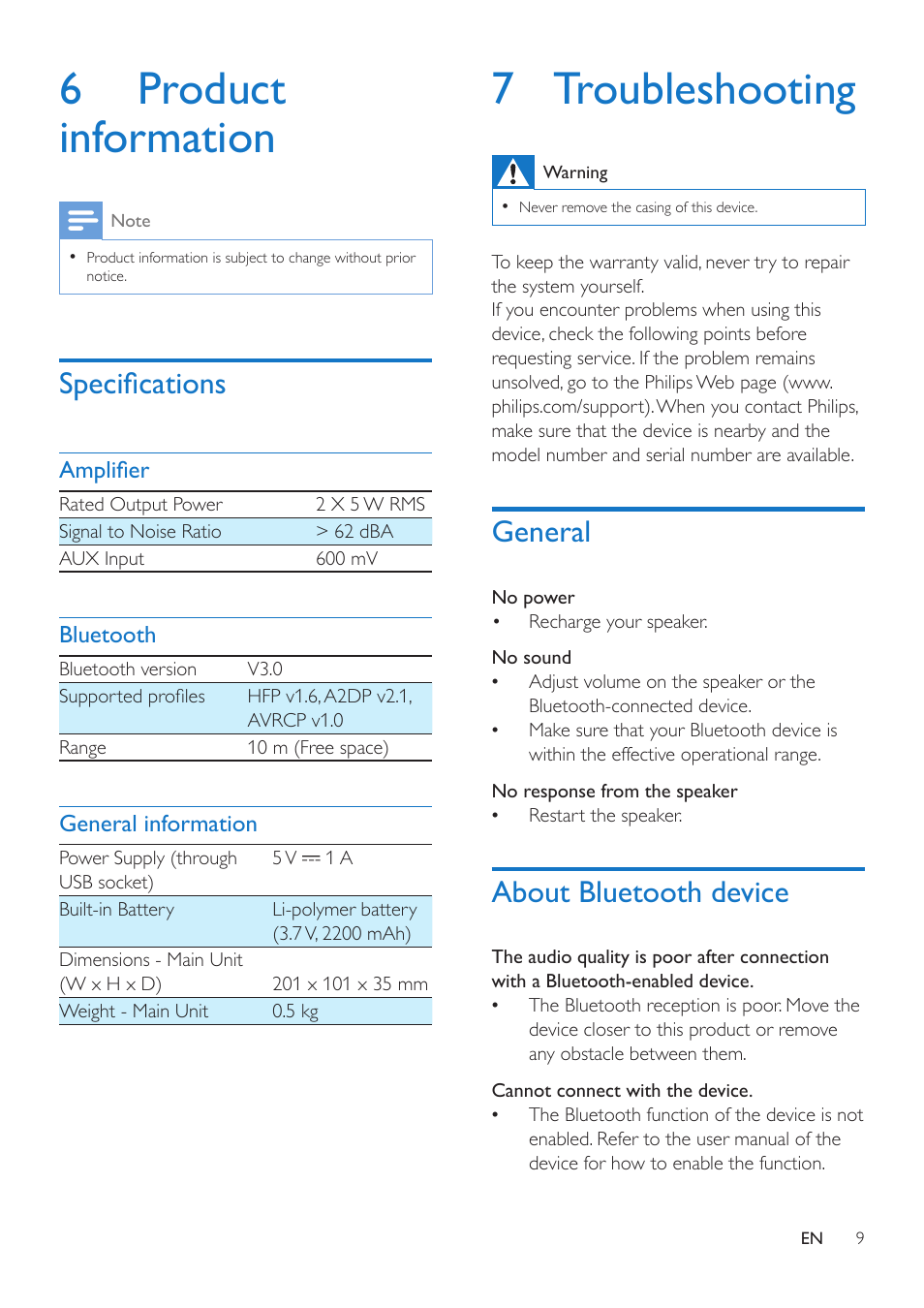 5 other features, Listen to an external device, Adjust volume | Specifications, 7 troubleshooting, General, About bluetooth device, 6 product information | Philips BT3500B-37 User Manual | Page 11 / 14