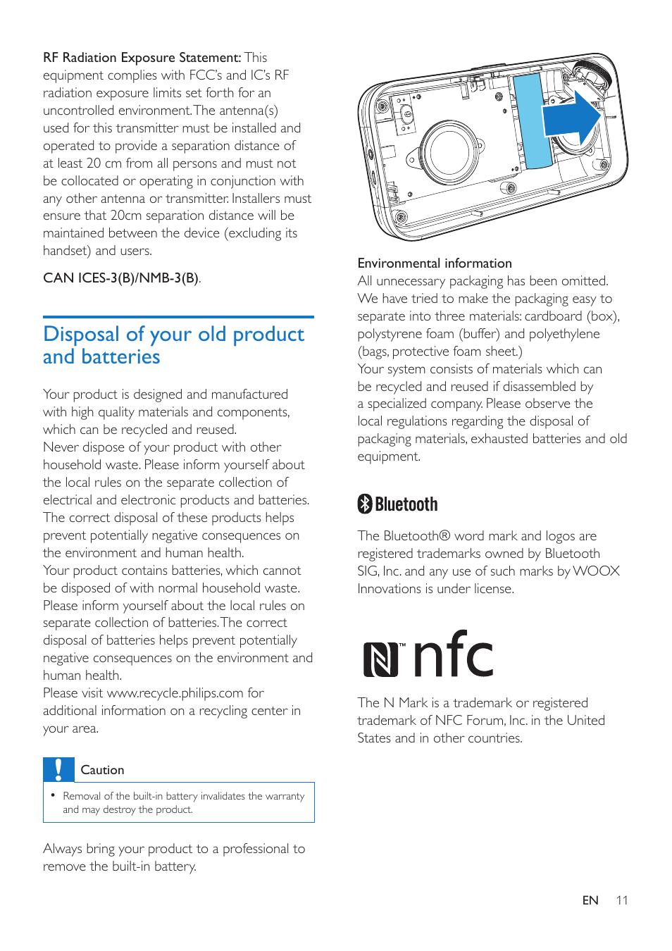 7 troubleshooting, General, About bluetooth device | Disposal of your old product and batteries, Disposal of your old product and, Batteries 11 | Philips BT3500B-37 User Manual | Page 13 / 14