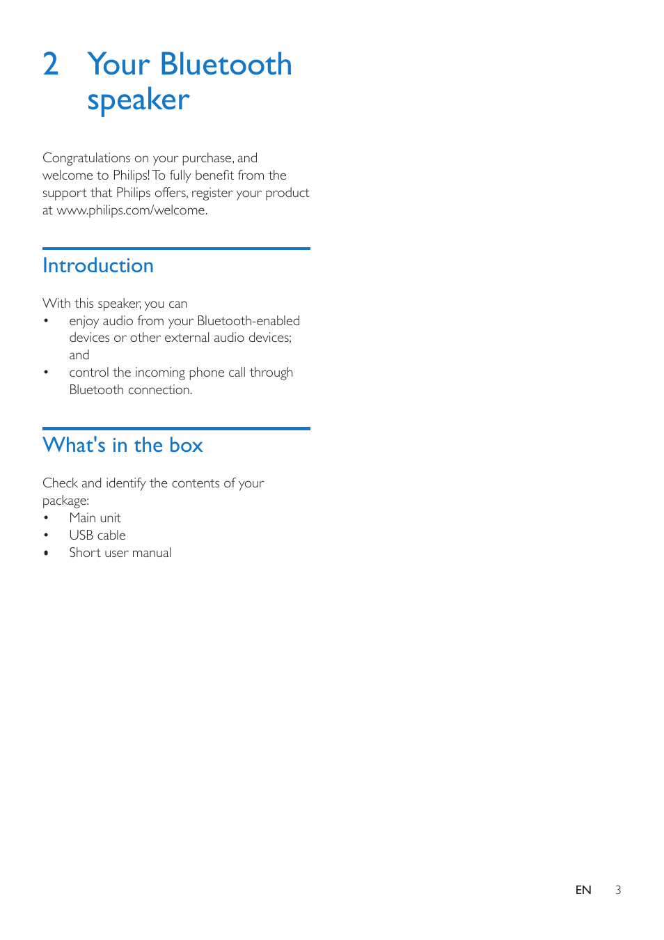 2 your bluetooth speaker, Introduction, What's in the box | Introduction 3 | Philips BT3500B-37 User Manual | Page 5 / 14