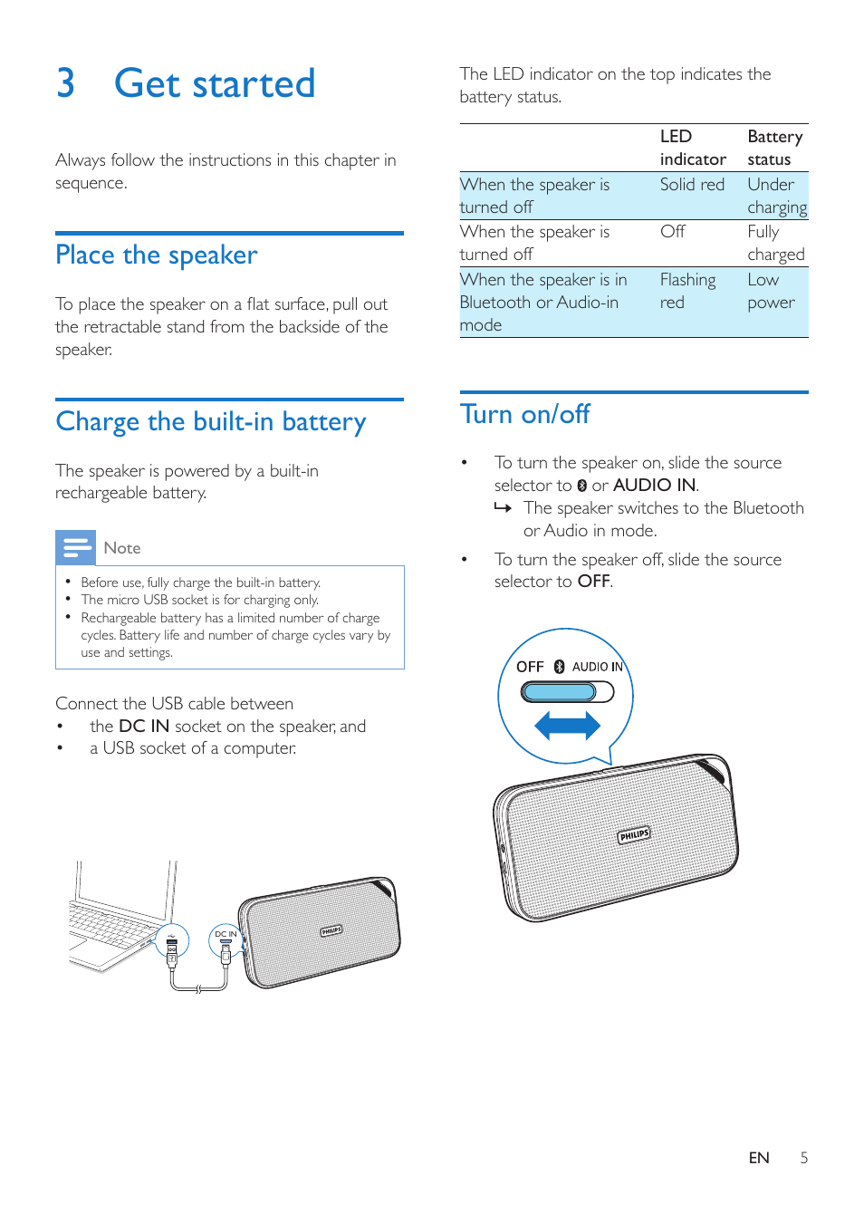 3 get started, Place the speaker, Charge the built-in battery | Turn on/off | Philips BT3500B-37 User Manual | Page 7 / 14