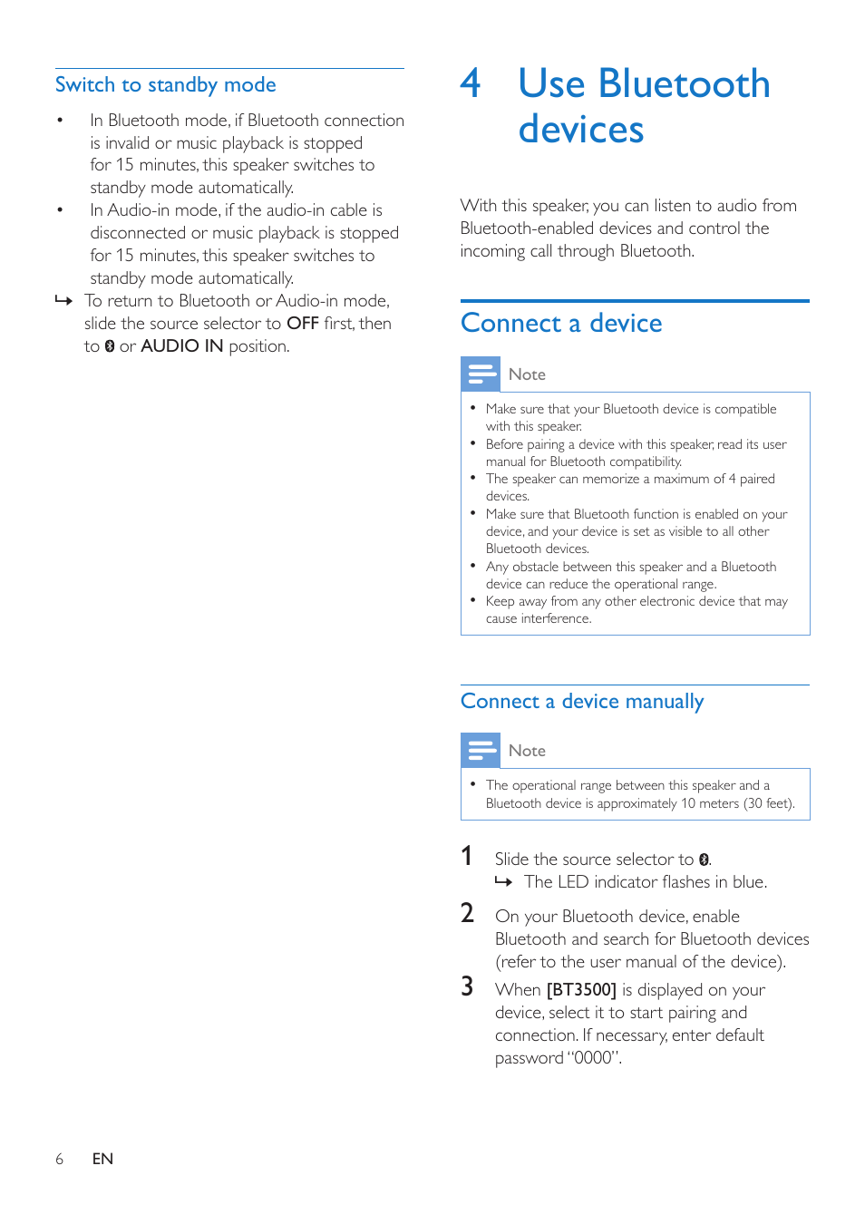 Switch to standby mode, 4 use bluetooth devices, Connect a device | Connect a device manually | Philips BT3500B-37 User Manual | Page 8 / 14