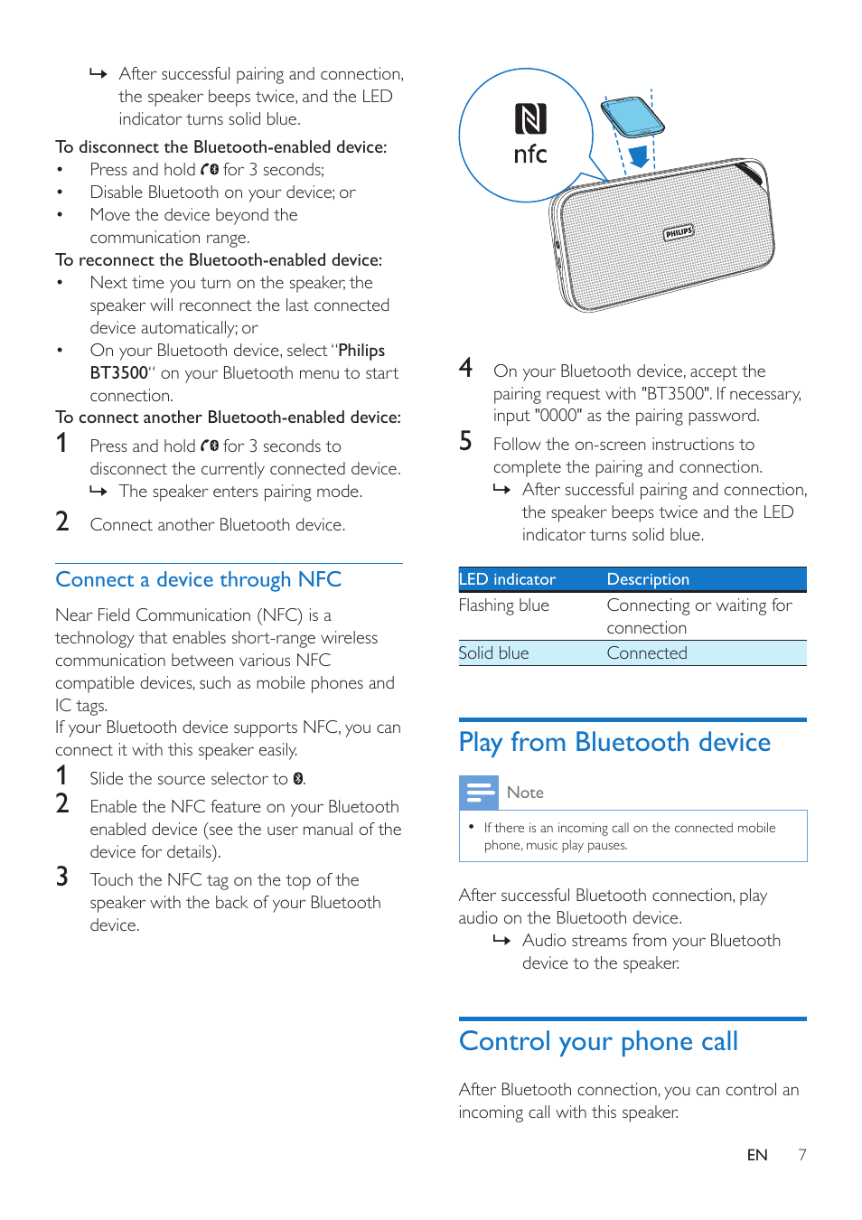 4 use bluetooth devices, Connect a device, Connect a device manually | Connect a device through nfc, Play from bluetooth device, Control your phone call | Philips BT3500B-37 User Manual | Page 9 / 14