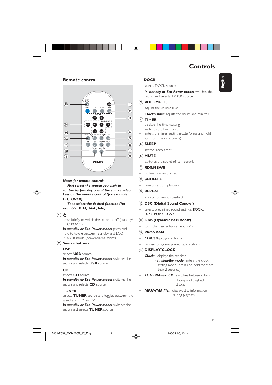 Controls | Philips MCM276R-37B User Manual | Page 11 / 34