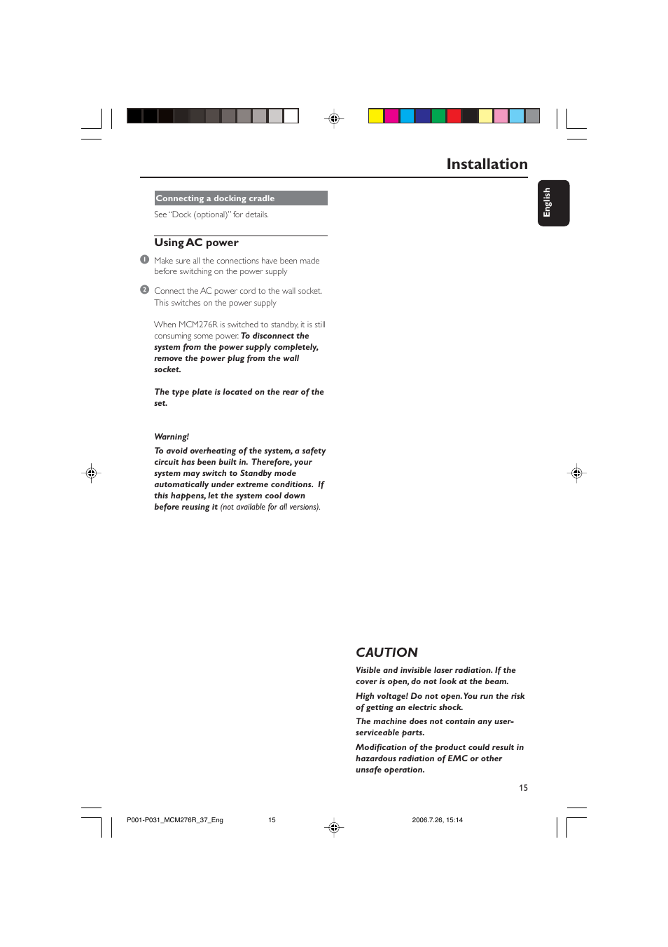 Installation, Caution | Philips MCM276R-37B User Manual | Page 15 / 34