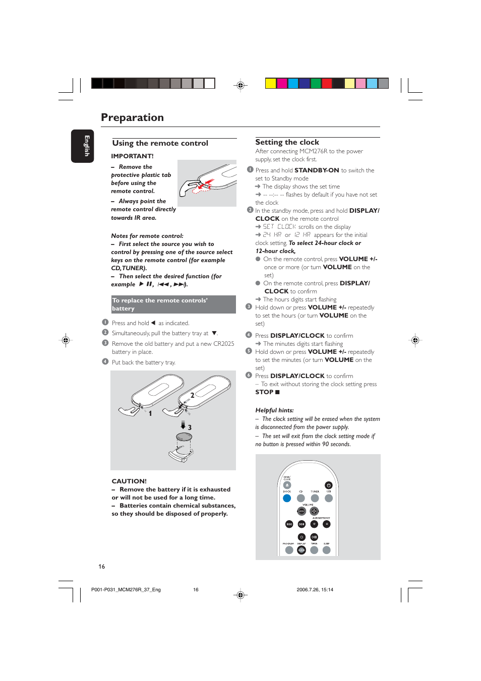 Preparation, Setting the clock, Using the remote control | Philips MCM276R-37B User Manual | Page 16 / 34