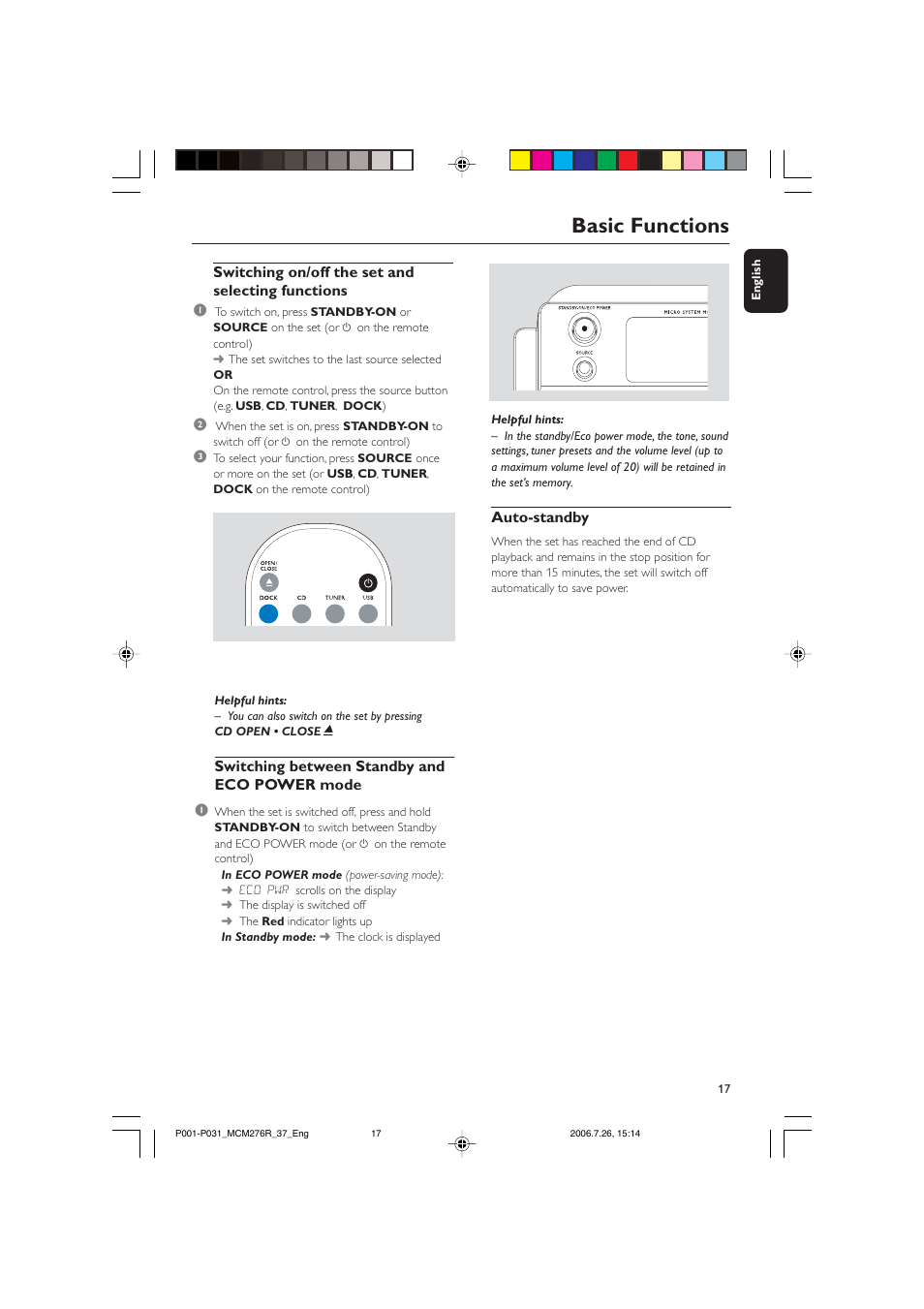 Basic functions, Switching on/off the set and selecting functions 1, Auto-standby | Switching between standby and eco power mode 1 | Philips MCM276R-37B User Manual | Page 17 / 34