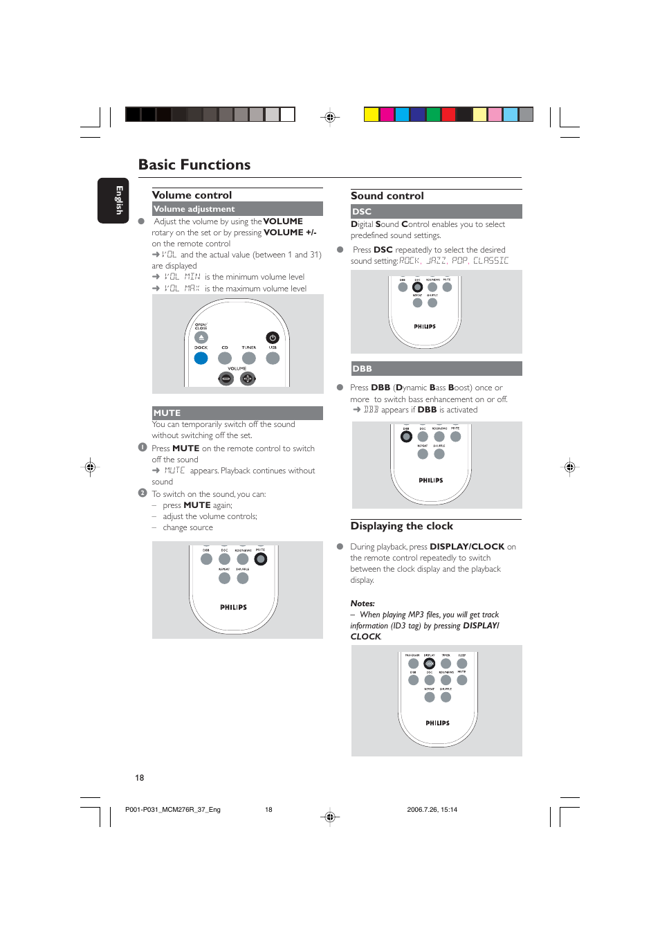 Basic functions, Volume control, Sound control | Displaying the clock | Philips MCM276R-37B User Manual | Page 18 / 34