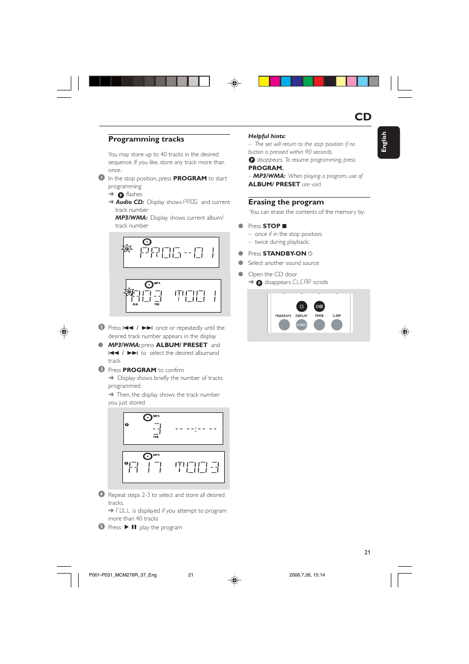 Programming tracks, Erasing the program | Philips MCM276R-37B User Manual | Page 21 / 34
