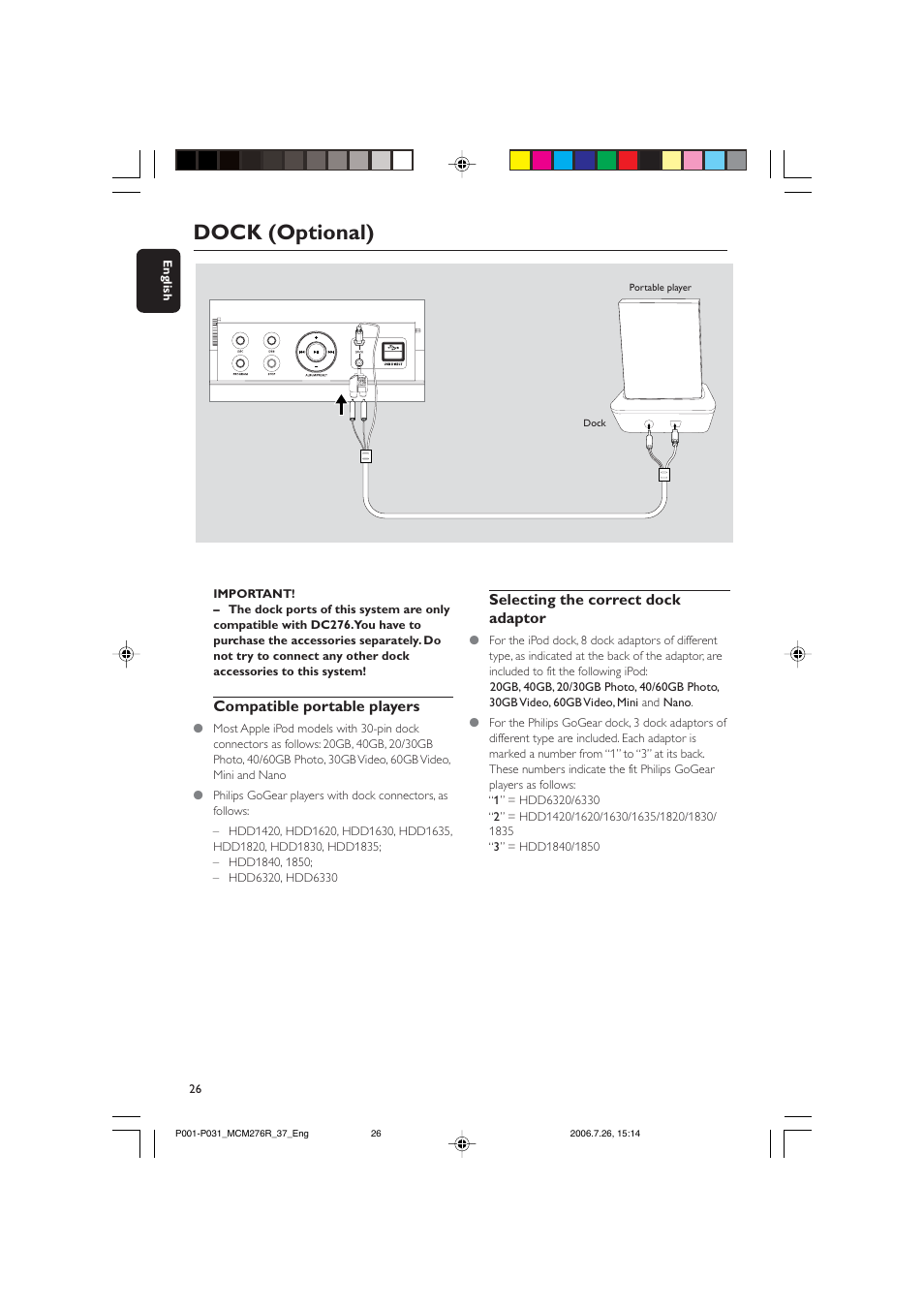 Dock (optional), Compatible portable players, Selecting the correct dock adaptor | Philips MCM276R-37B User Manual | Page 26 / 34