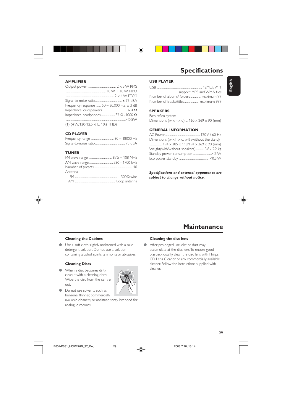 Maintenance specifications | Philips MCM276R-37B User Manual | Page 29 / 34