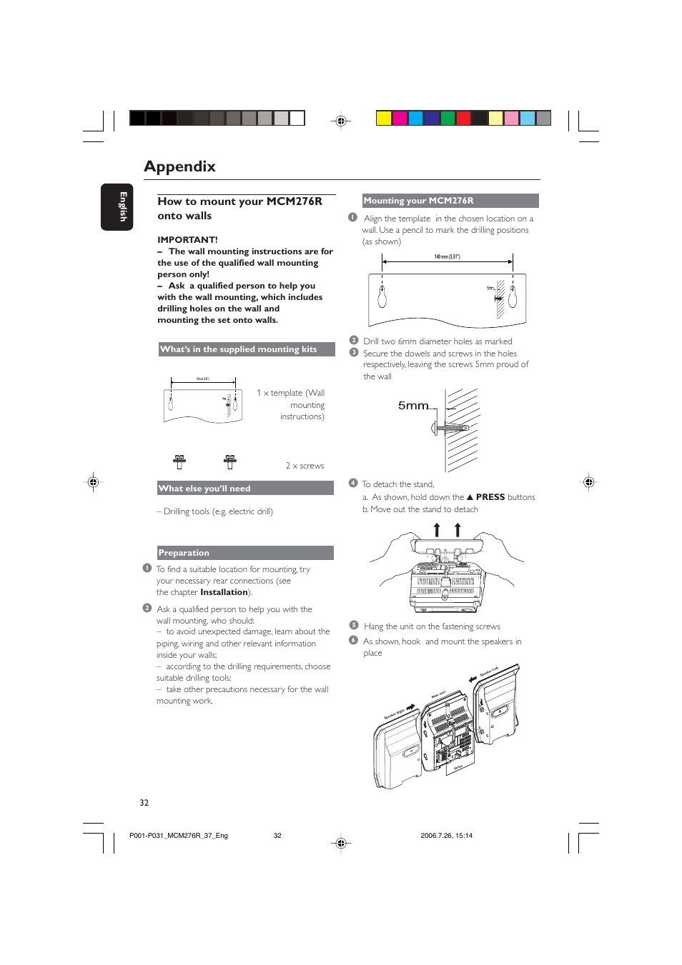 Appendix, How to mount your mcm276r onto walls | Philips MCM276R-37B User Manual | Page 32 / 34