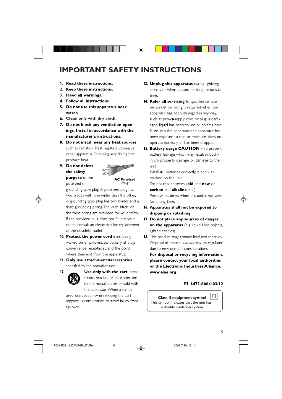 Important safety instructions | Philips MCM276R-37B User Manual | Page 5 / 34