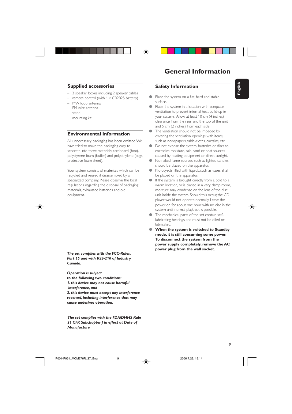 General information, Supplied accessories, Environmental information | Safety information | Philips MCM276R-37B User Manual | Page 9 / 34