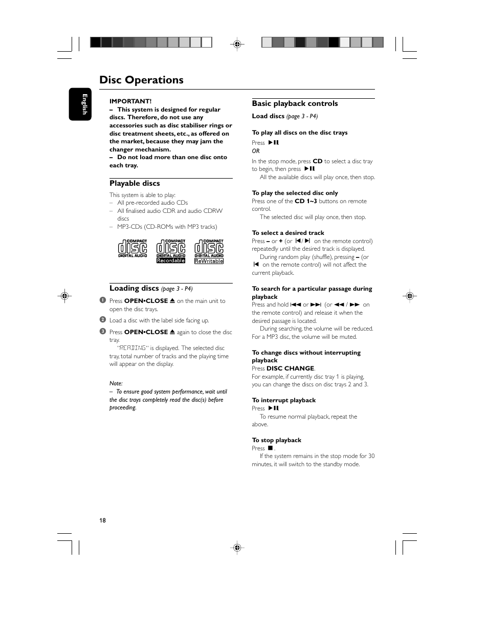 Disc operations | Philips FWM70-07 User Manual | Page 18 / 28