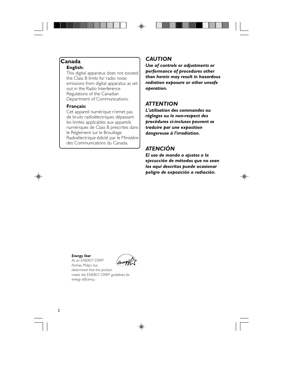 Canada, Caution, Attention | Atención | Philips FWM70-07 User Manual | Page 2 / 28