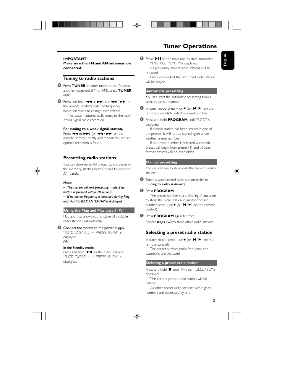 Tuner operations | Philips FWM70-07 User Manual | Page 21 / 28