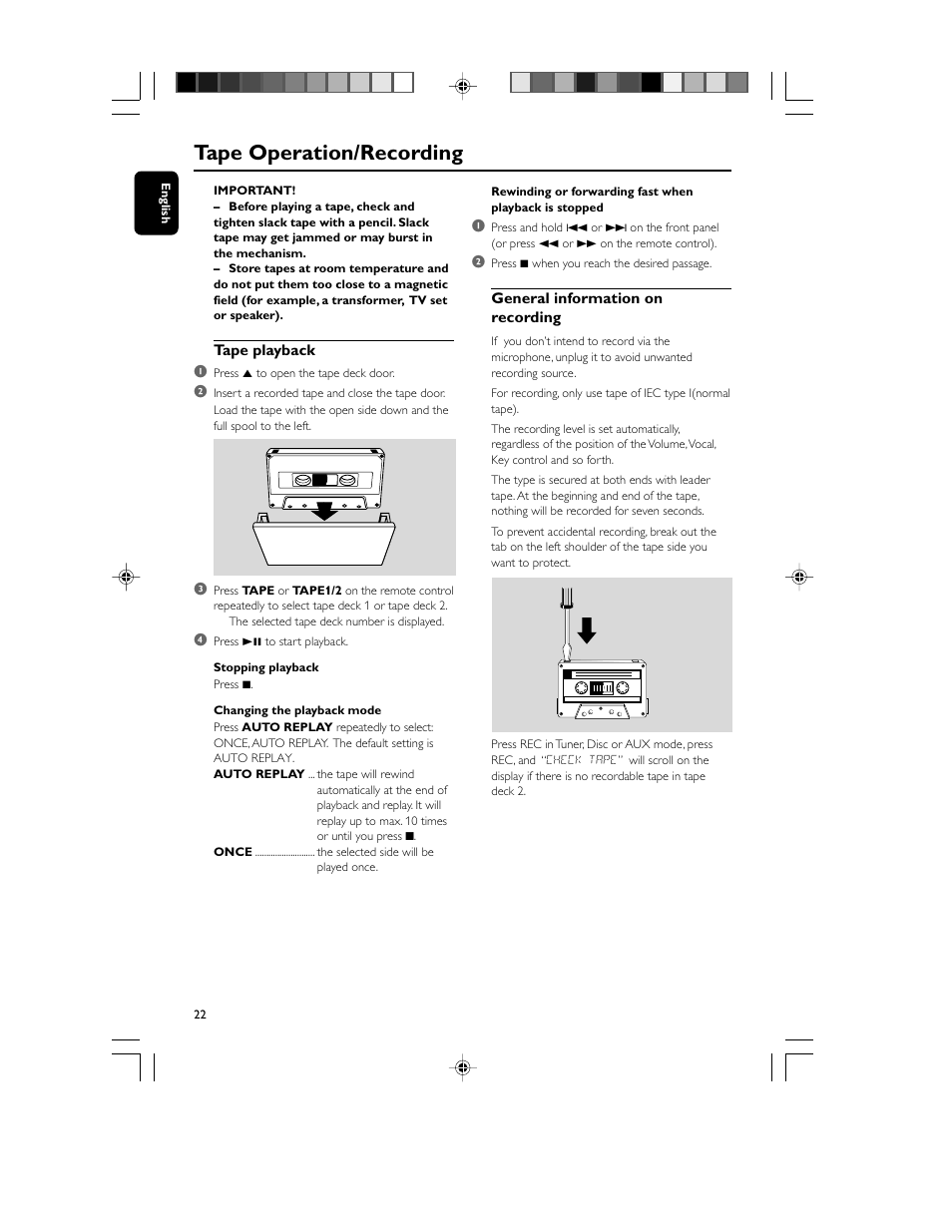 Tape operation/recording | Philips FWM70-07 User Manual | Page 22 / 28