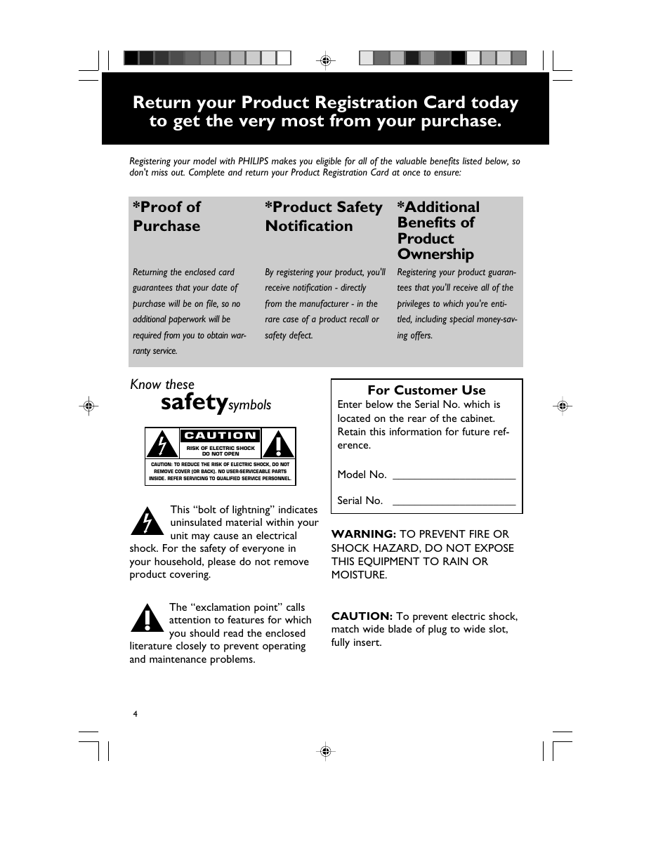 Safety, Proof of purchase, Product safety notification | Additional benefits of product ownership | Philips FWM70-07 User Manual | Page 4 / 28