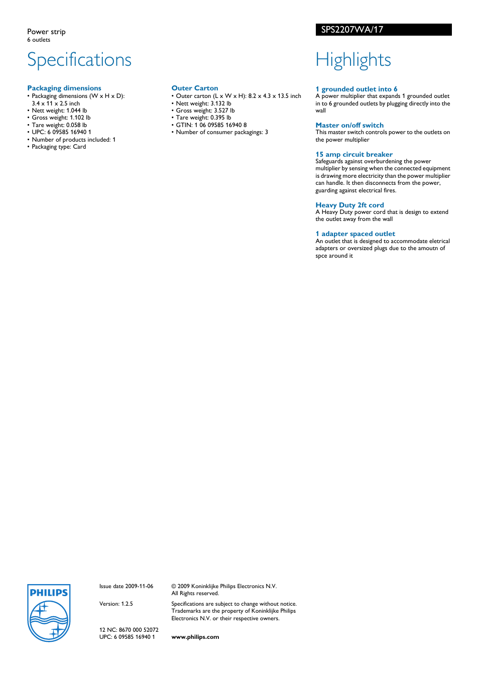 Specifications, Highlights | Philips SPS2207WA-17 User Manual | Page 2 / 2