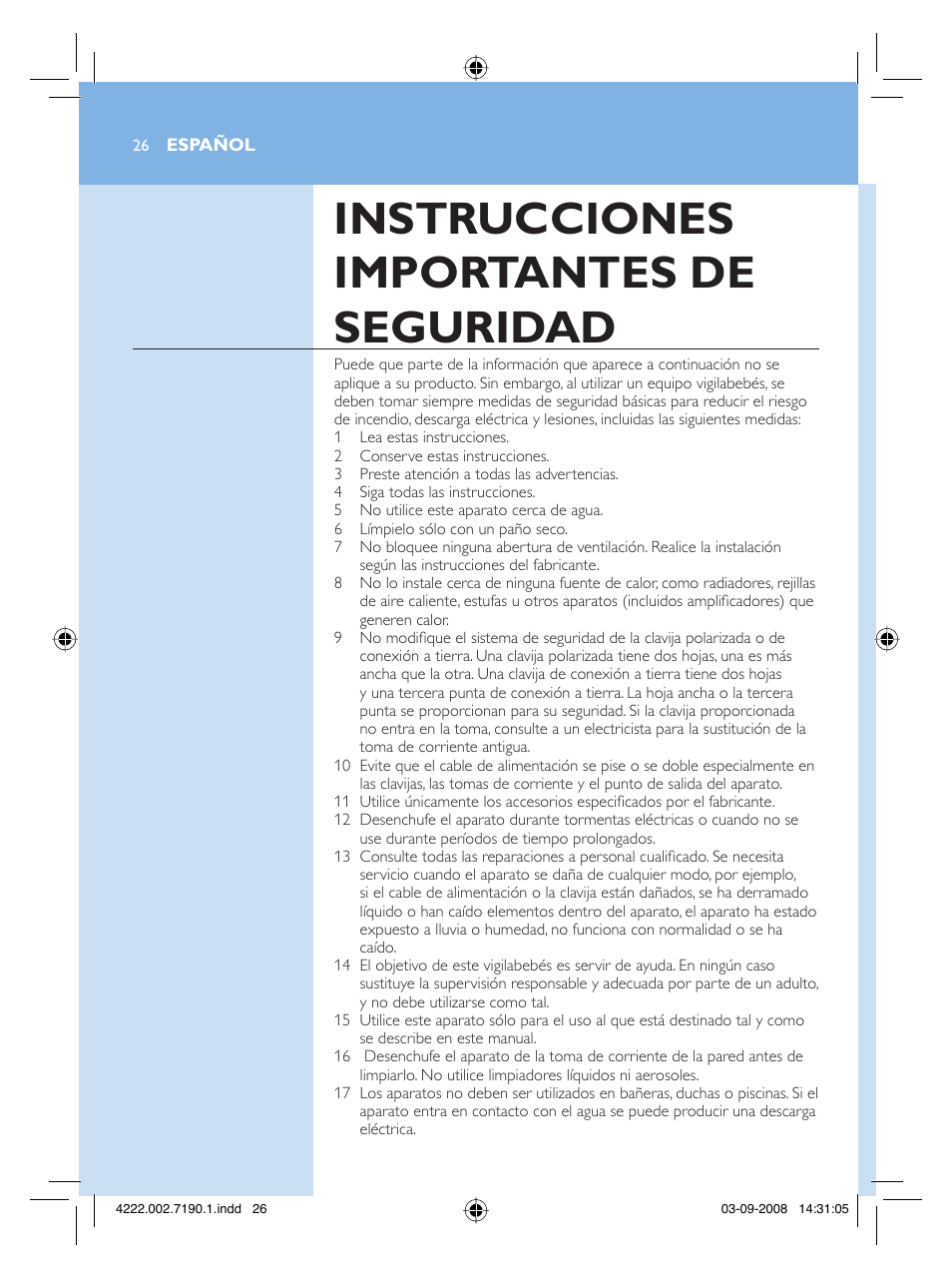 Español, Instrucciones importantes de seguridad | Philips SCD520-00 User Manual | Page 26 / 74
