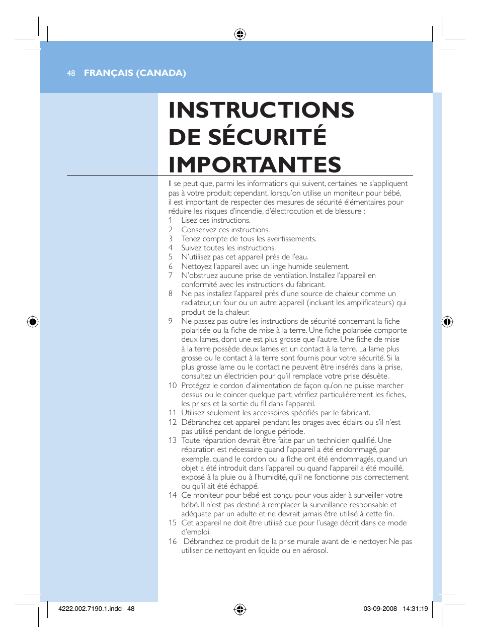 Français (canada), Instructions de sécurité importantes | Philips SCD520-00 User Manual | Page 48 / 74