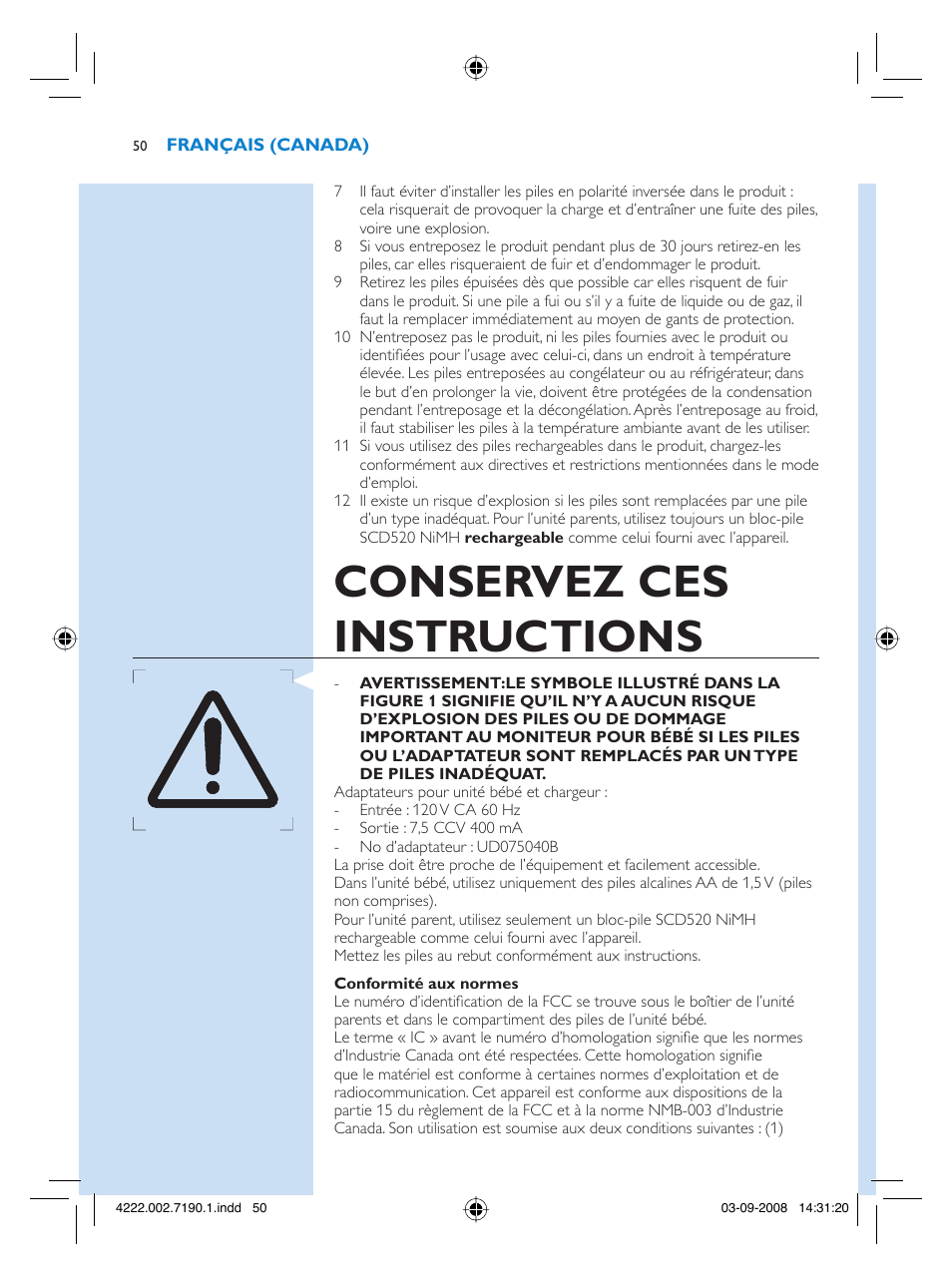 Conservez ces instructions | Philips SCD520-00 User Manual | Page 50 / 74