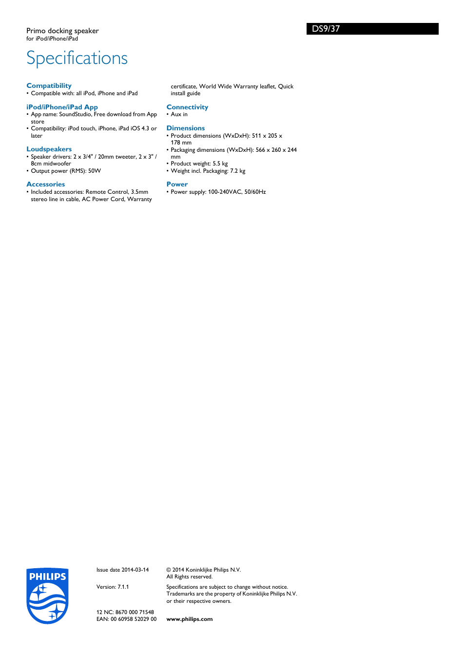 Specifications, Ds9/37 | Philips DS9-37 User Manual | Page 3 / 3