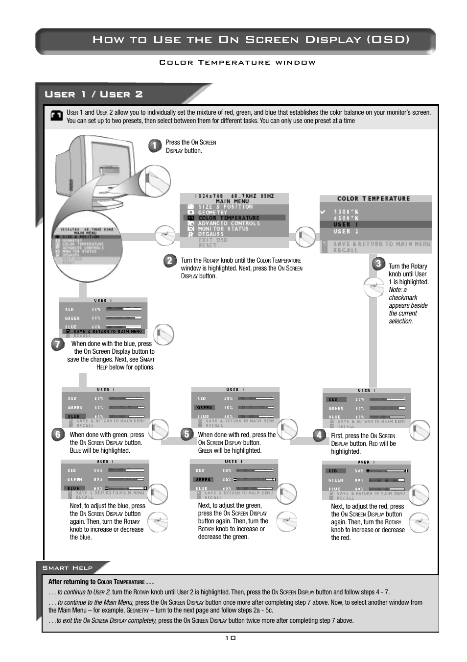 How to use the on screen display (osd), User 1 / user 2 | Philips 17C2322E99 User Manual | Page 11 / 20