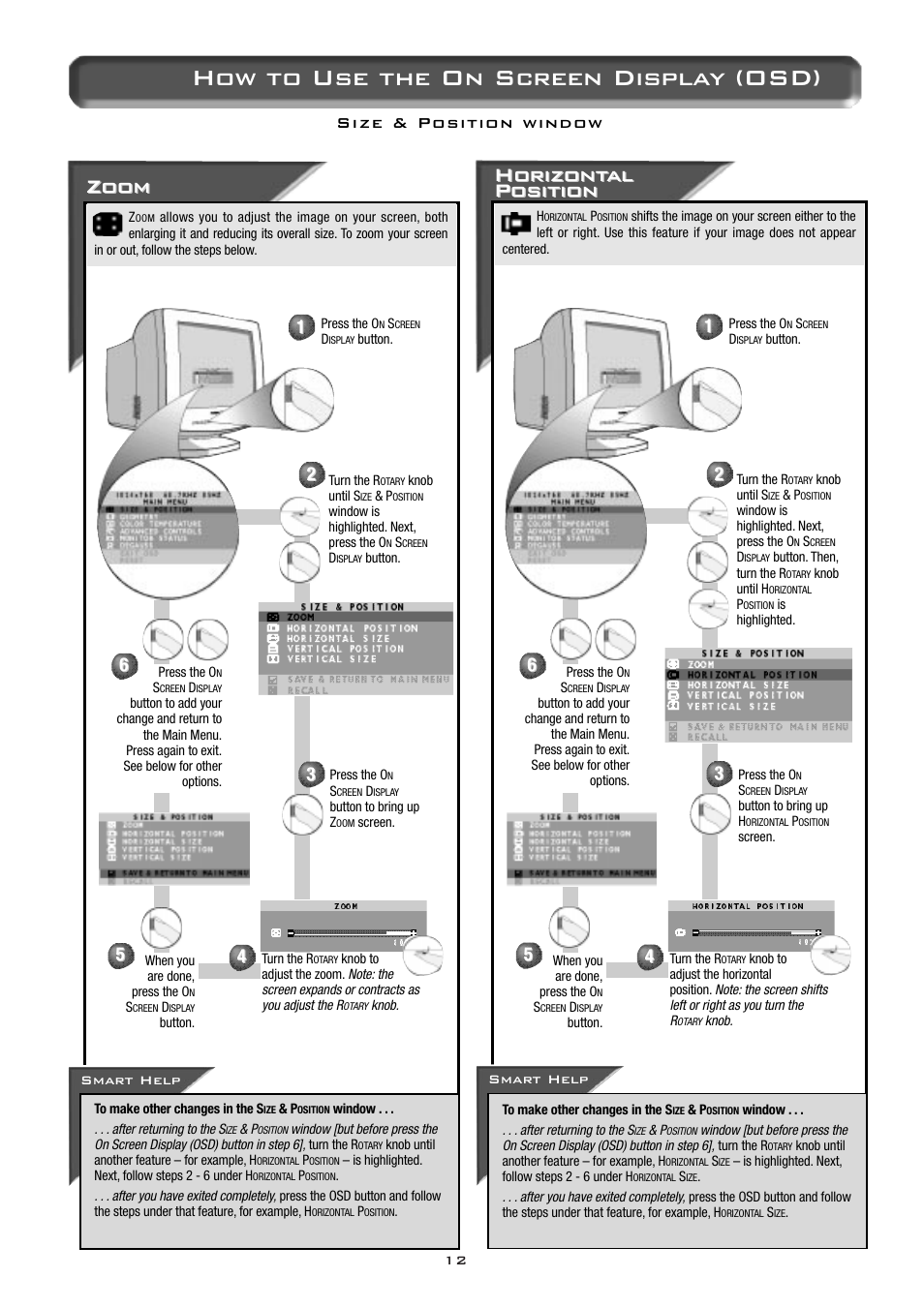 How to use the on screen display (osd), Zoom, Horizont | Horizont al al position position | Philips 17C2322E99 User Manual | Page 13 / 20