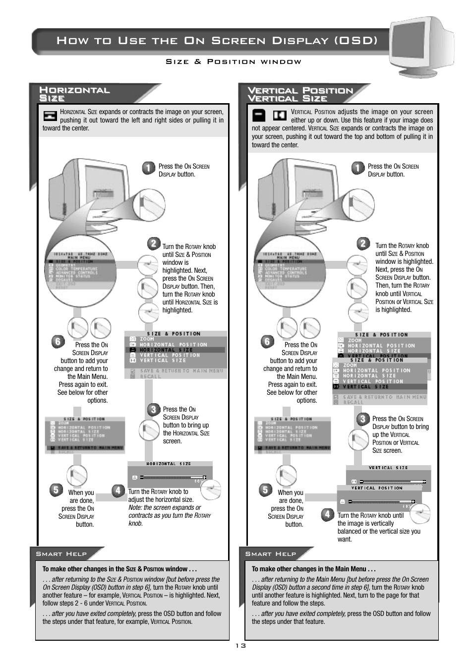 How to use the on screen display (osd), Horizont, Horizont al al size size | Philips 17C2322E99 User Manual | Page 14 / 20