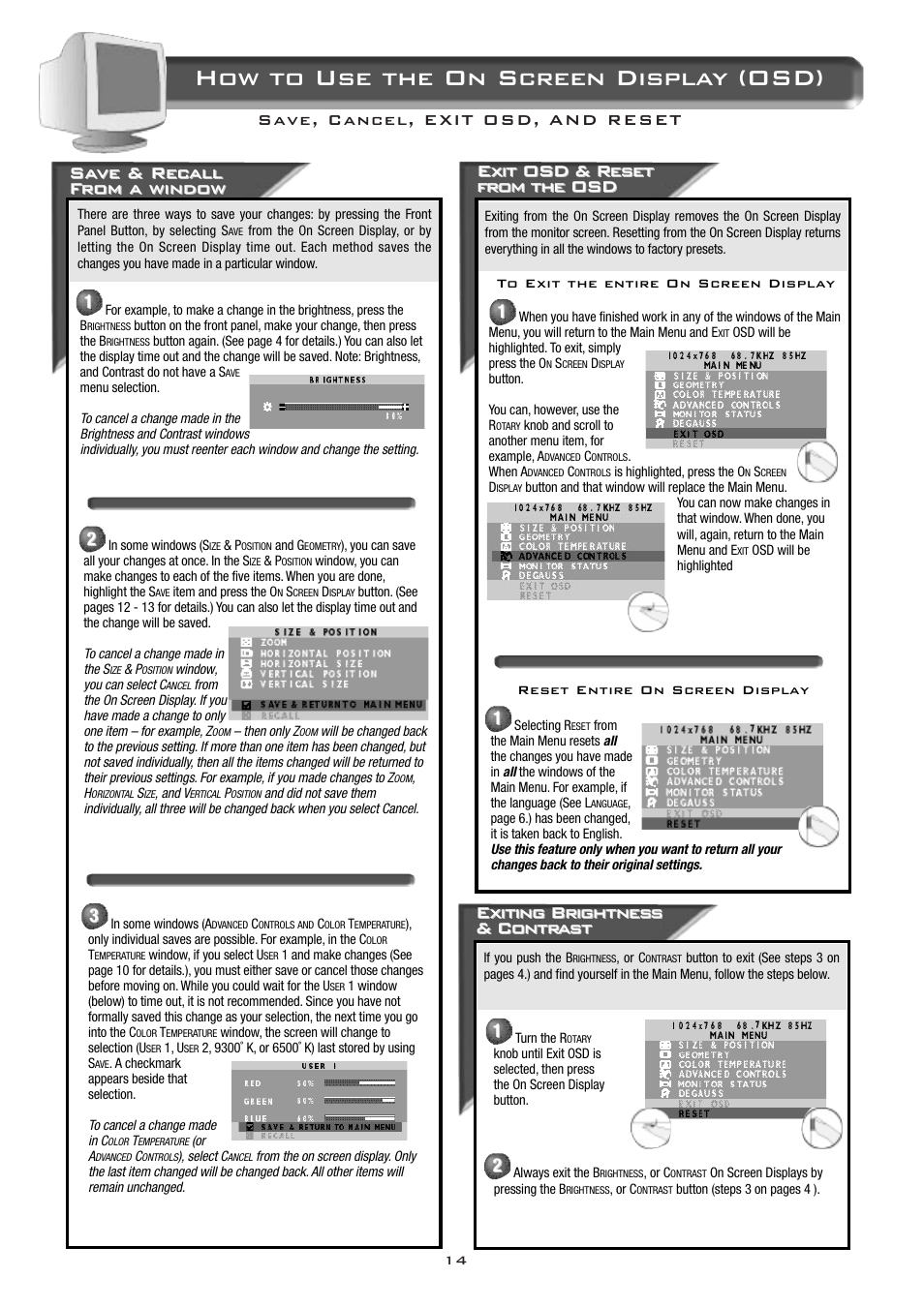 How to use the on screen display (osd), Exit osd & r, Exit osd & r eset eset from the osd from the osd | Exiting brightnes, Exiting brightnes s s & contr & contr ast ast | Philips 17C2322E99 User Manual | Page 15 / 20