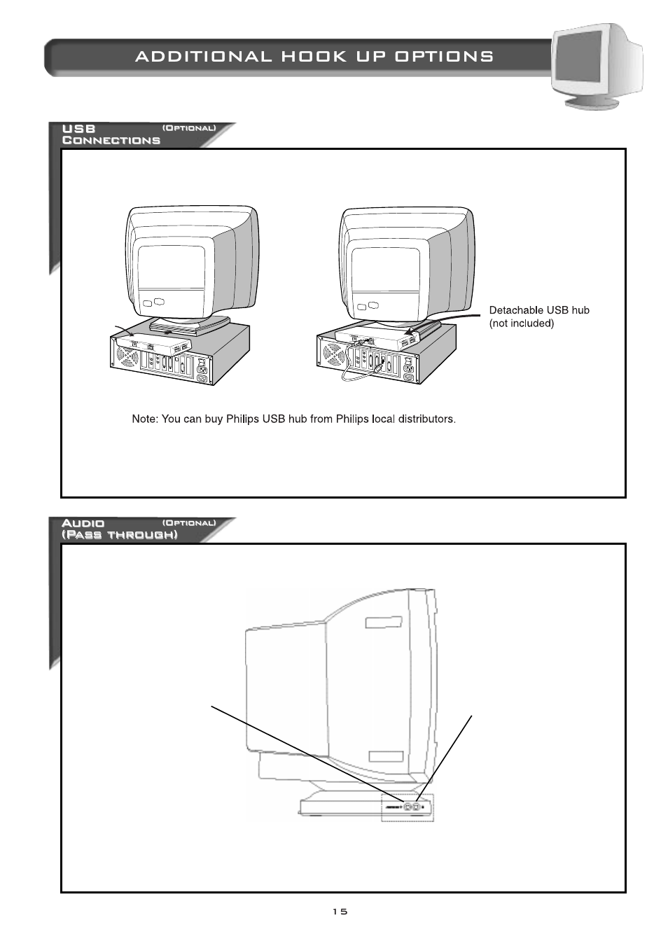 Additional hook up options, Usb connections connections, Audio udio (p (p as as s through) s through) | Philips 17C2322E99 User Manual | Page 16 / 20