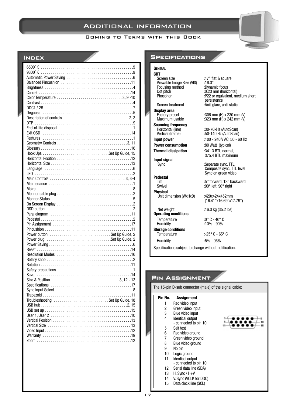 Additional information, Pin as, Pin as signment signment | Specific, Specific a a tions tions, Index | Philips 17C2322E99 User Manual | Page 18 / 20