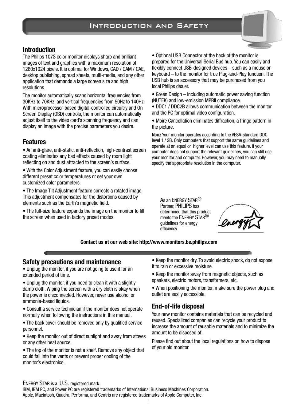 Introduction and safety, Safety precautions and maintenance, End-of-life disposal | Introduction, Features | Philips 17C2322E99 User Manual | Page 2 / 20