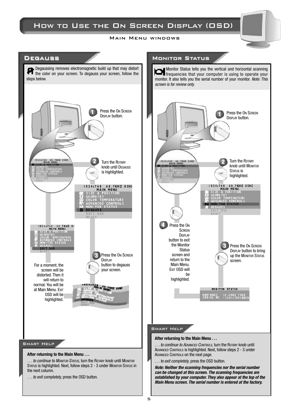 How to use the on screen display (osd), Deg aus aus s s, Monitor st | Monitor st a a tus tus | Philips 17C2322E99 User Manual | Page 6 / 20