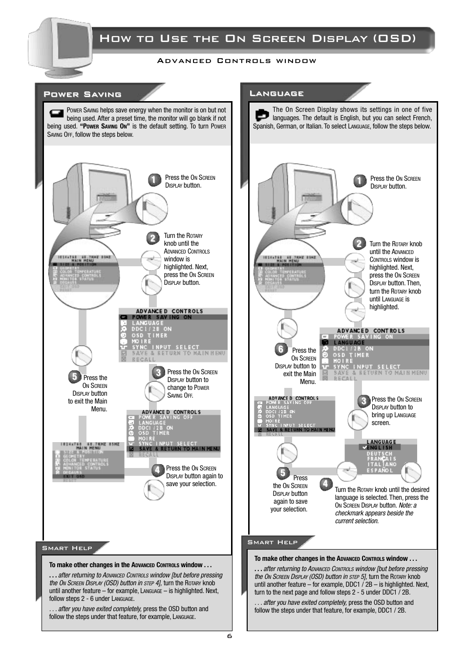 How to use the on screen display (osd), Power sa, Power sa ving ving | Langu angu age age | Philips 17C2322E99 User Manual | Page 7 / 20