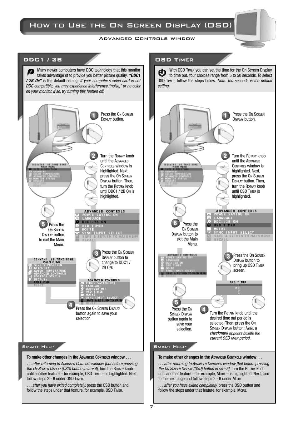 How to use the on screen display (osd), Ddc1 / 2b, Osd timer | Advanced controls window | Philips 17C2322E99 User Manual | Page 8 / 20