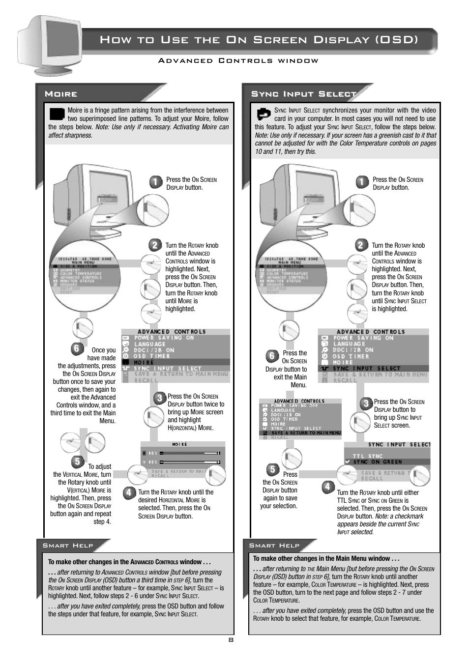 How to use the on screen display (osd), Moire, Sync inp | Sync inp ut select ut select | Philips 17C2322E99 User Manual | Page 9 / 20