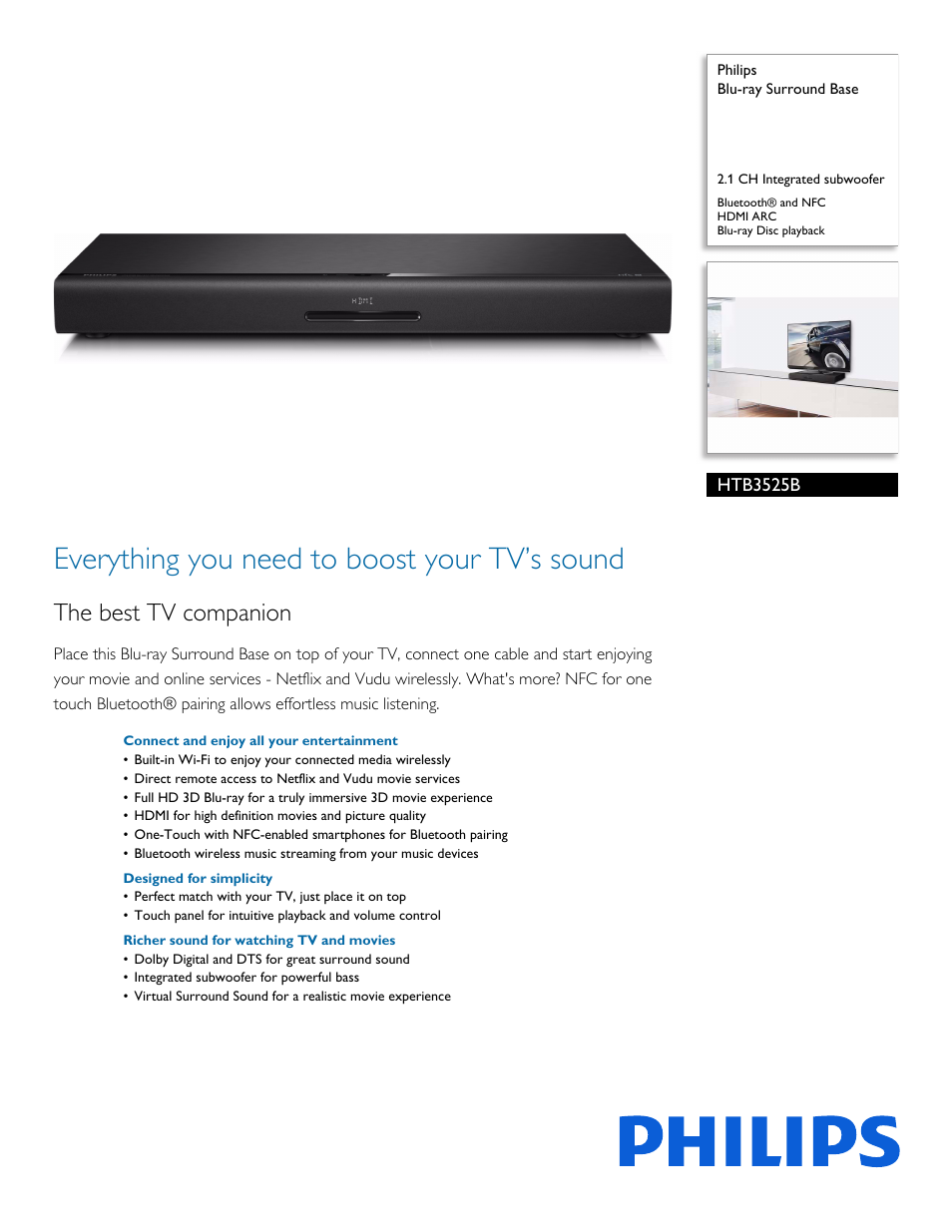 Philips Blu-ray Surround Base HTB3525B 2.1 CH Integrated subwoofer Bluetooth® and NFC HDMI ARC Blu-ray Disc playback User Manual | 3 pages