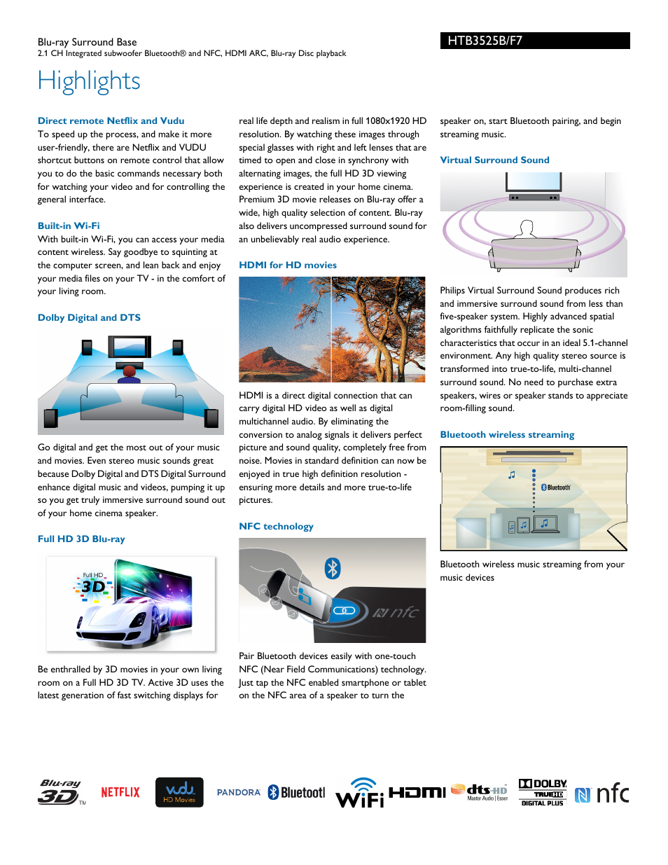 Highlights | Philips Blu-ray Surround Base HTB3525B 2.1 CH Integrated subwoofer Bluetooth® and NFC HDMI ARC Blu-ray Disc playback User Manual | Page 2 / 3