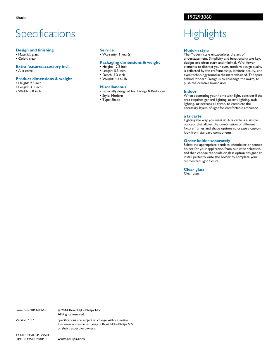 Specifications, Highlights | Philips 190293060 User Manual | Page 2 / 2