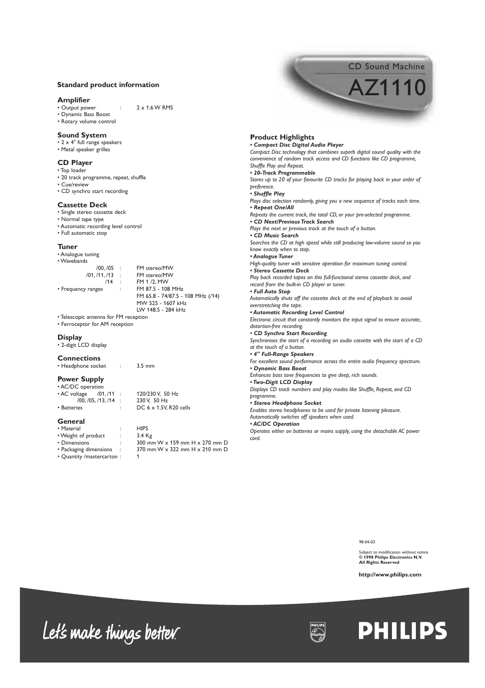 Az1110, Cd sound machine | Philips AZ8087-17 User Manual | Page 2 / 2